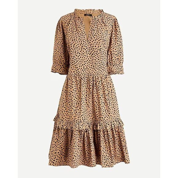 J CREW Leopard Dot Cotton Poplin Ruffle Neck Tiered A-Line Mini Dress, Size XXS - Picture 1 of 16